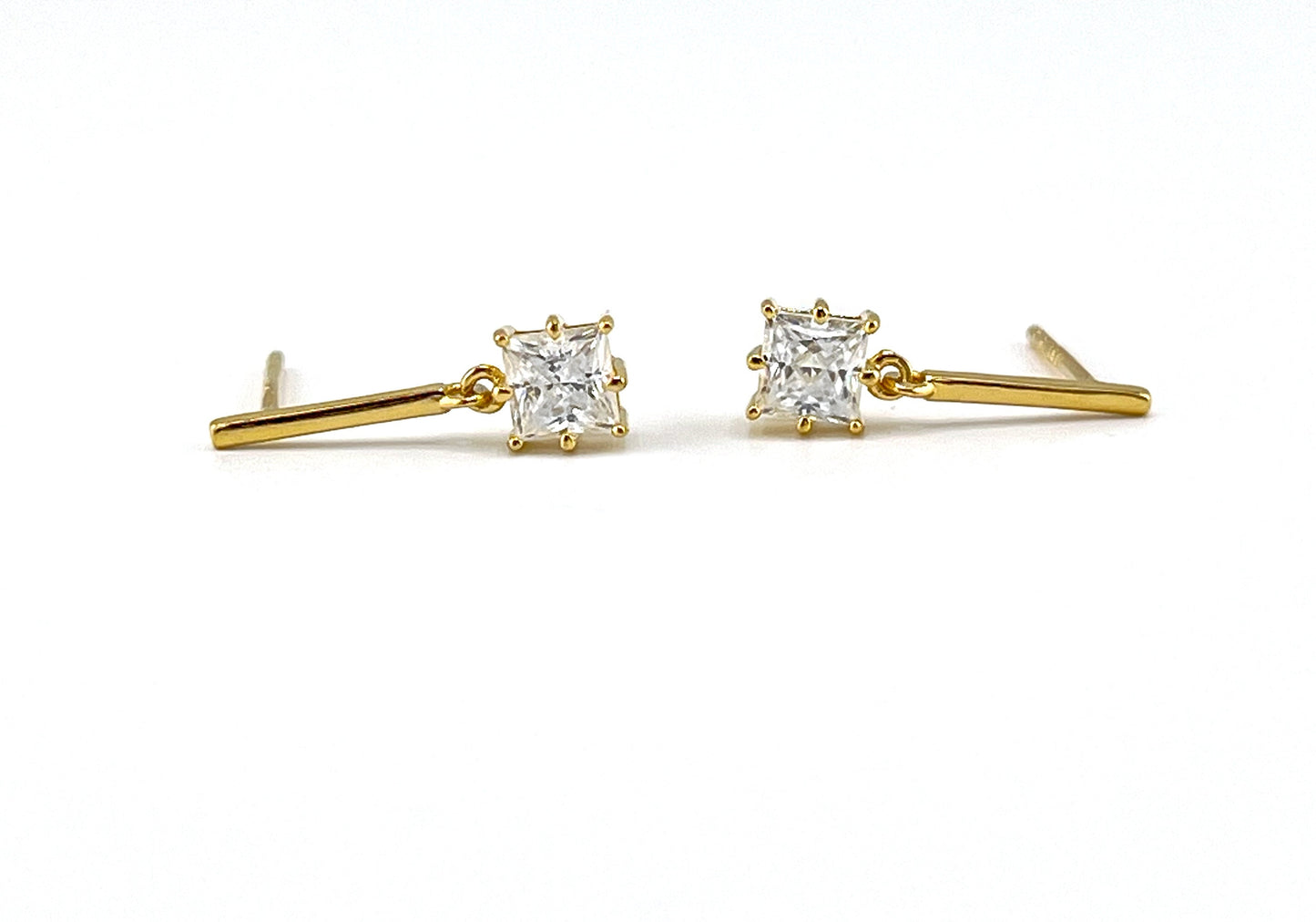 Moissanite Bar Stud Earrings: 1Ct Princess Cut, 14K Gold Plated Silver