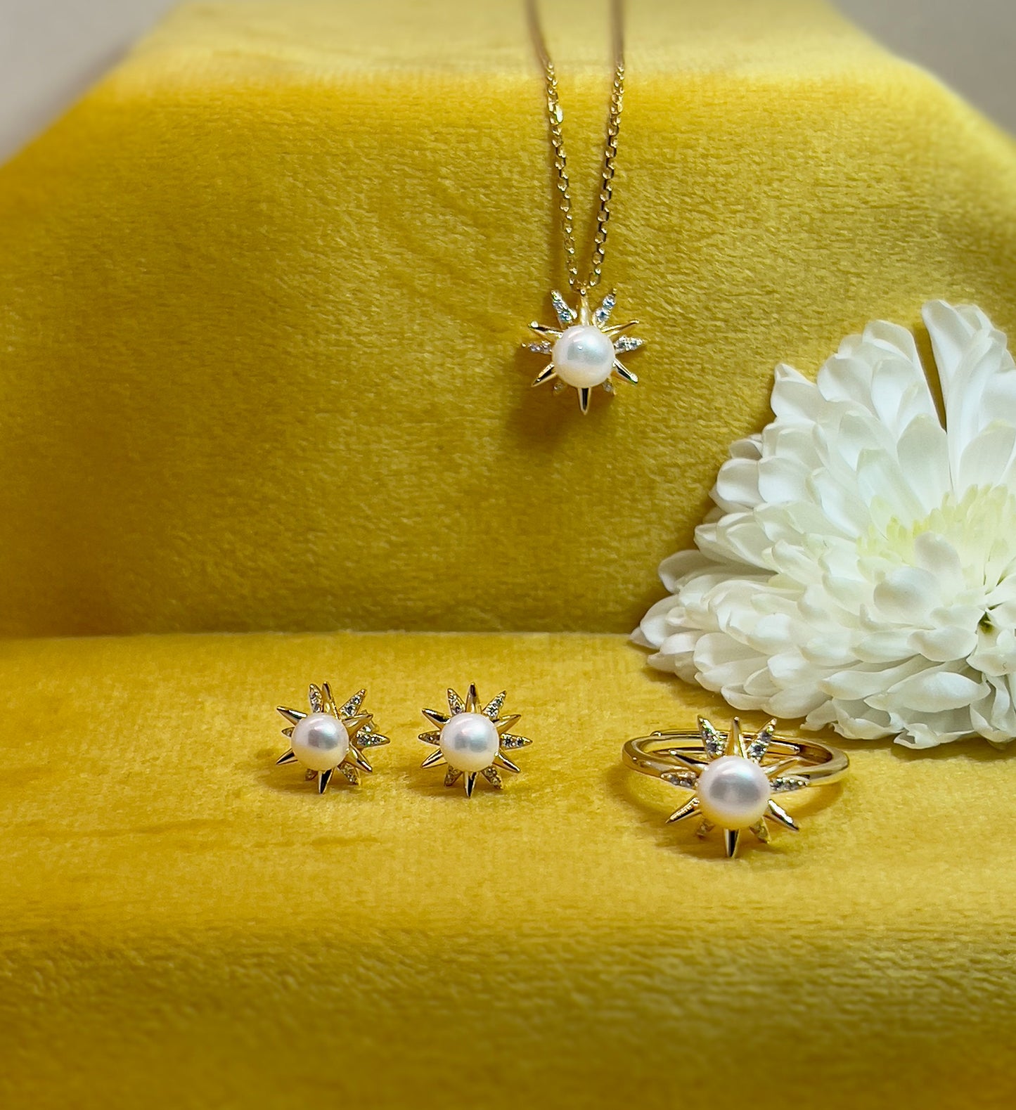 Freshwater Pearl Ring: Yellow Gold Plated Sterling Silver CZ Starburst, Adjustable