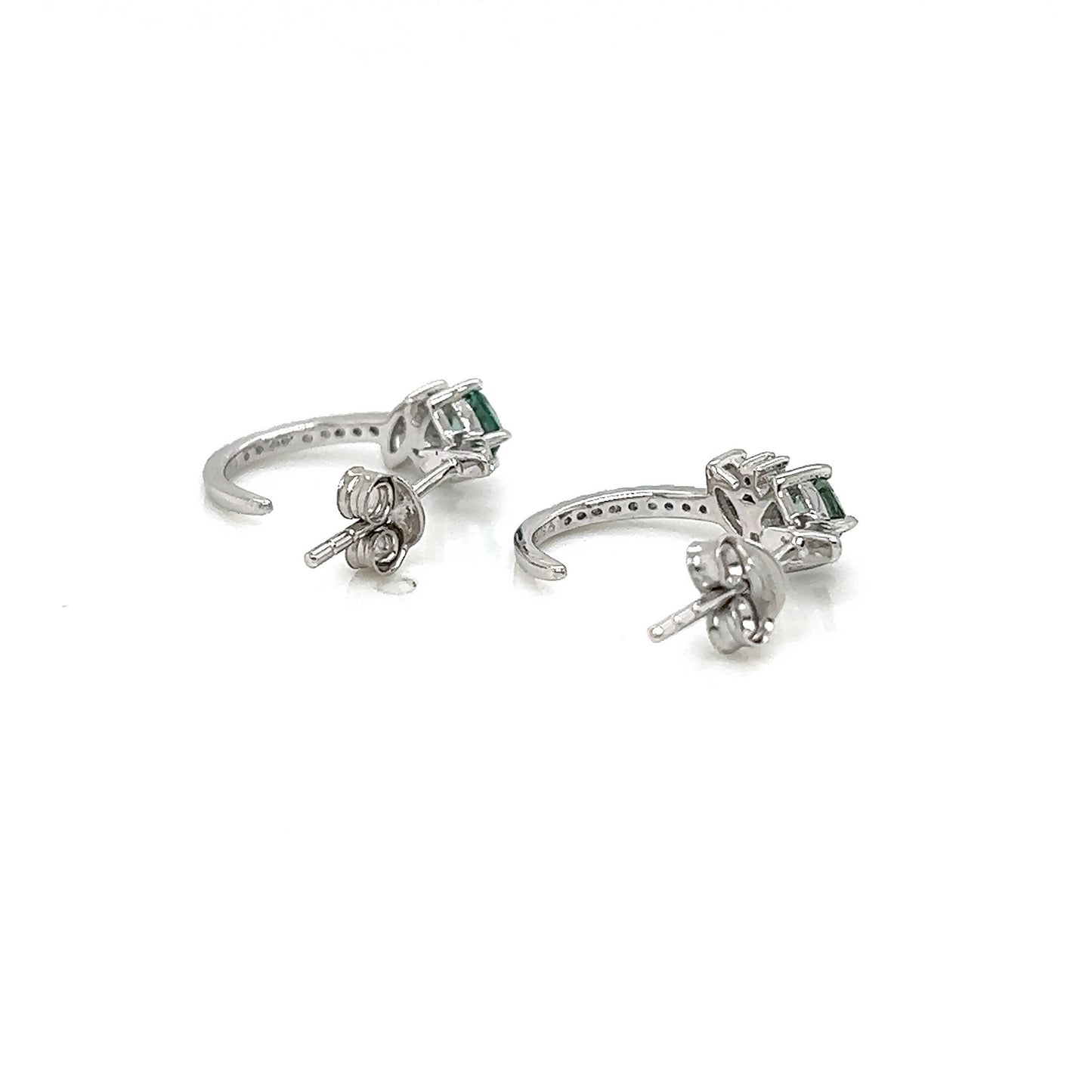 Green & White Sapphire Hoop Earrings: Sterling Silver Flower J Hoops