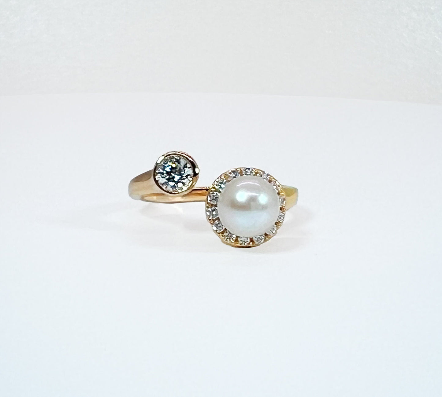 Moissanite & Pearl Ring: Yellow Gold Sterling Silver Bypass Ring