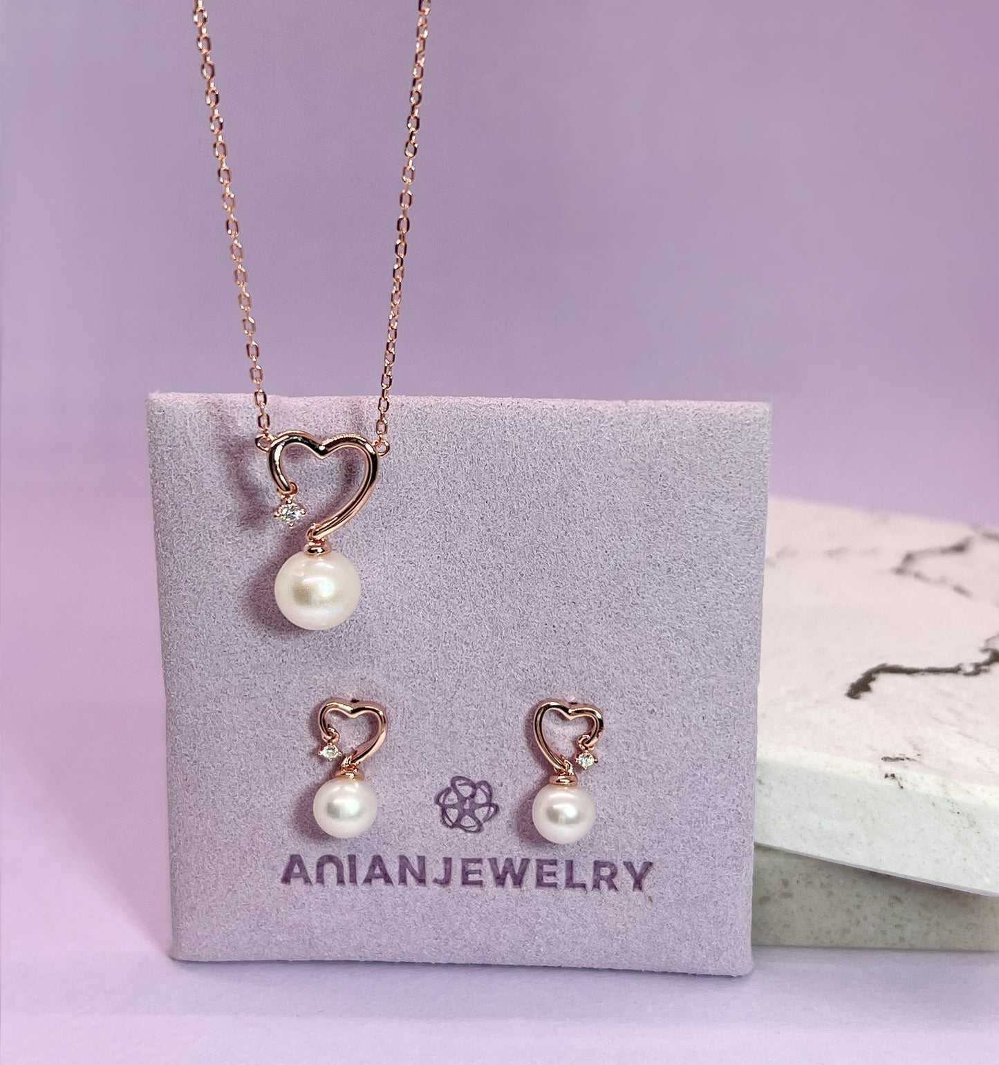 Moissanite & Pearl Heart Pendant Necklace: 14K Rose Gold Sterling Silver