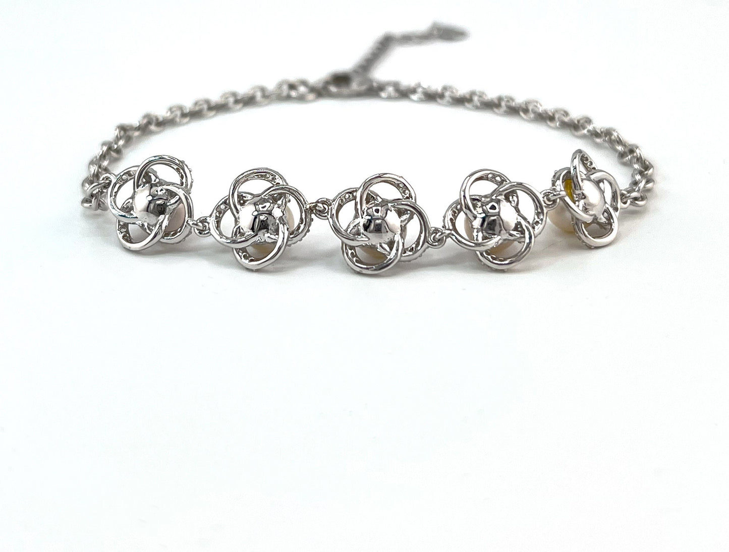 Moissanite Flower Bracelet: Freshwater Pearl, Rhodium Sterling Silver Bridal Jewelry