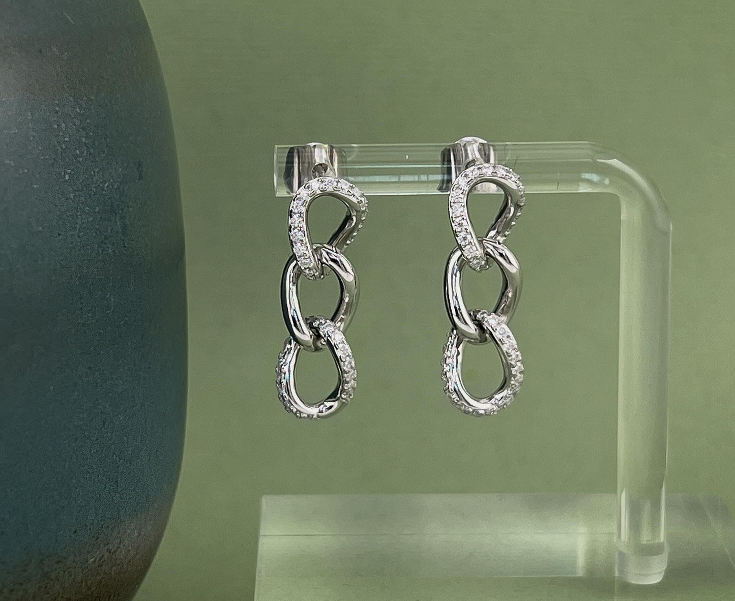 Moissanite Chain Link Earrings: Rhodium Plated Sterling Silver Dangle