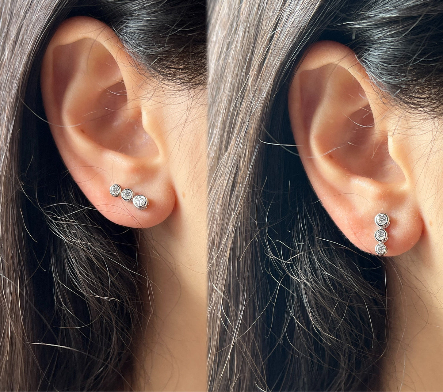 VVS1 Moissanite Stud Earrings: Rhodium Plated Sterling Silver Bezel Bar