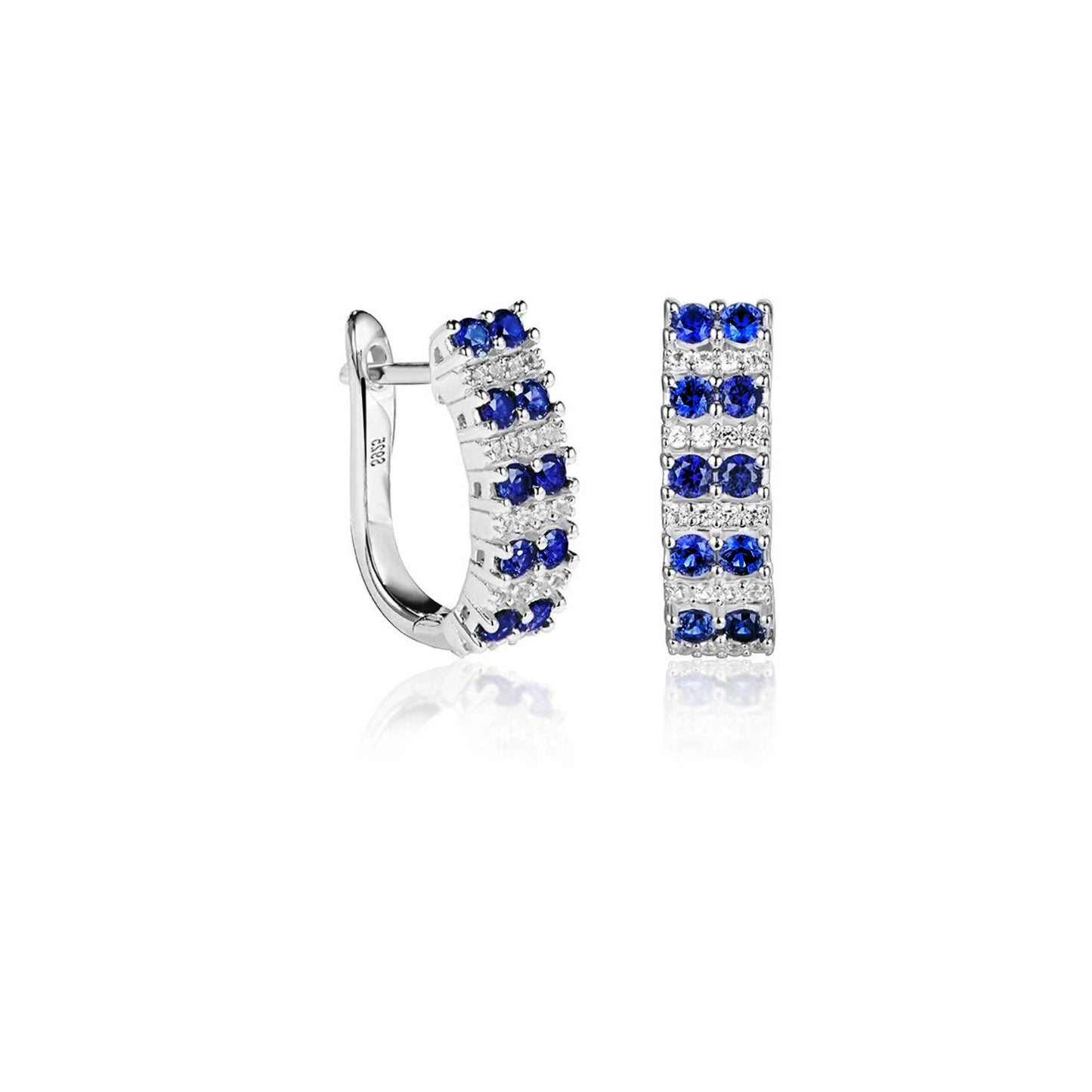 Blue & White Sapphire Huggie Earrings: Rhodium-Plated Sterling Silver