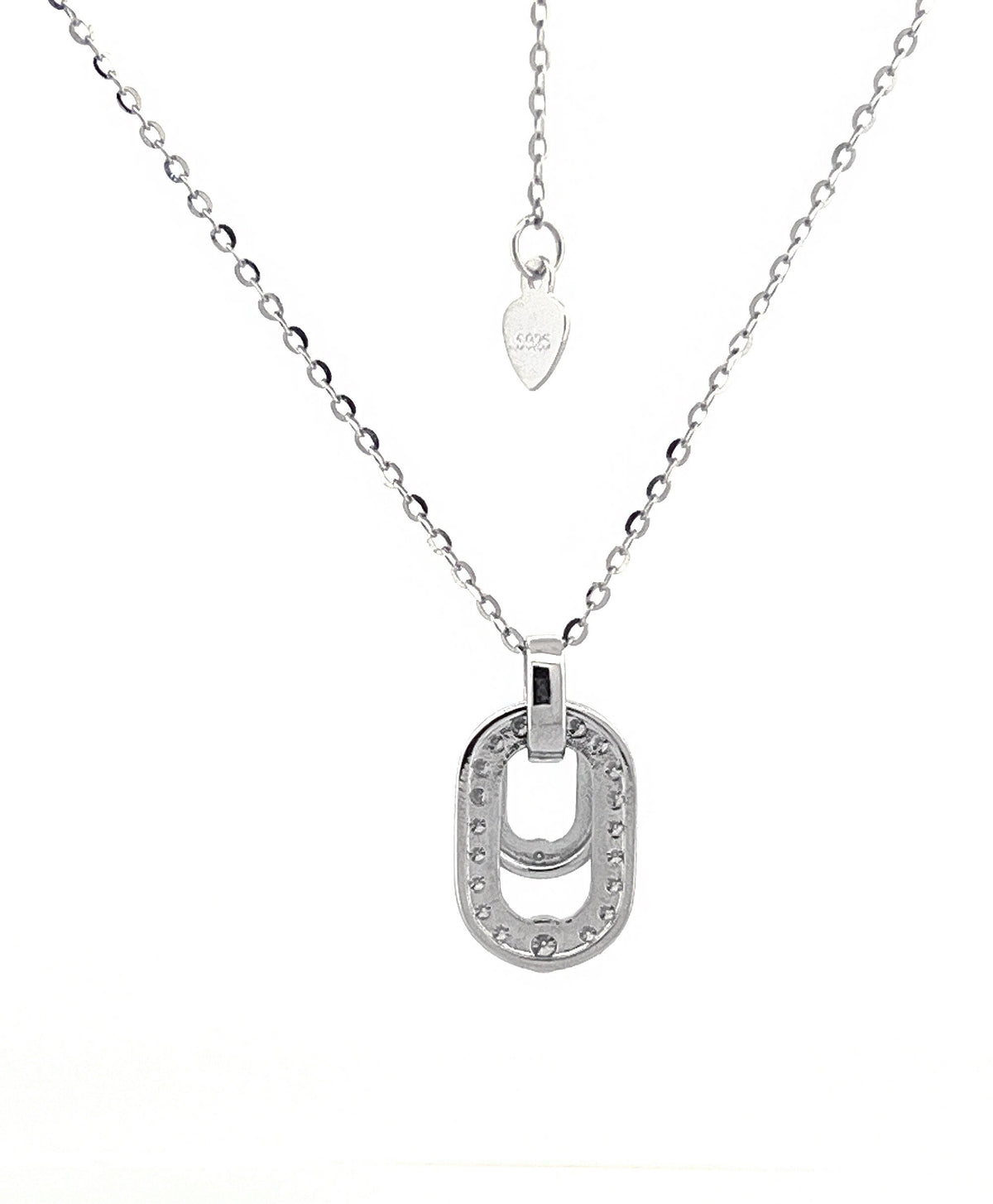Certified Moissanite Double Oval Pendant Necklace: Rhodium Plated Sterling Silver