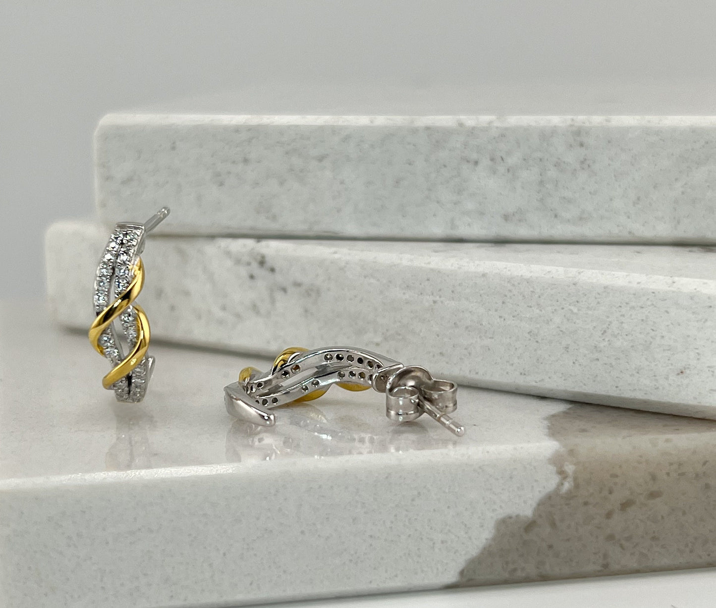 Two-Tone Twisted Moissanite J-Hoop Earrings: 14K Gold & Sterling Silver