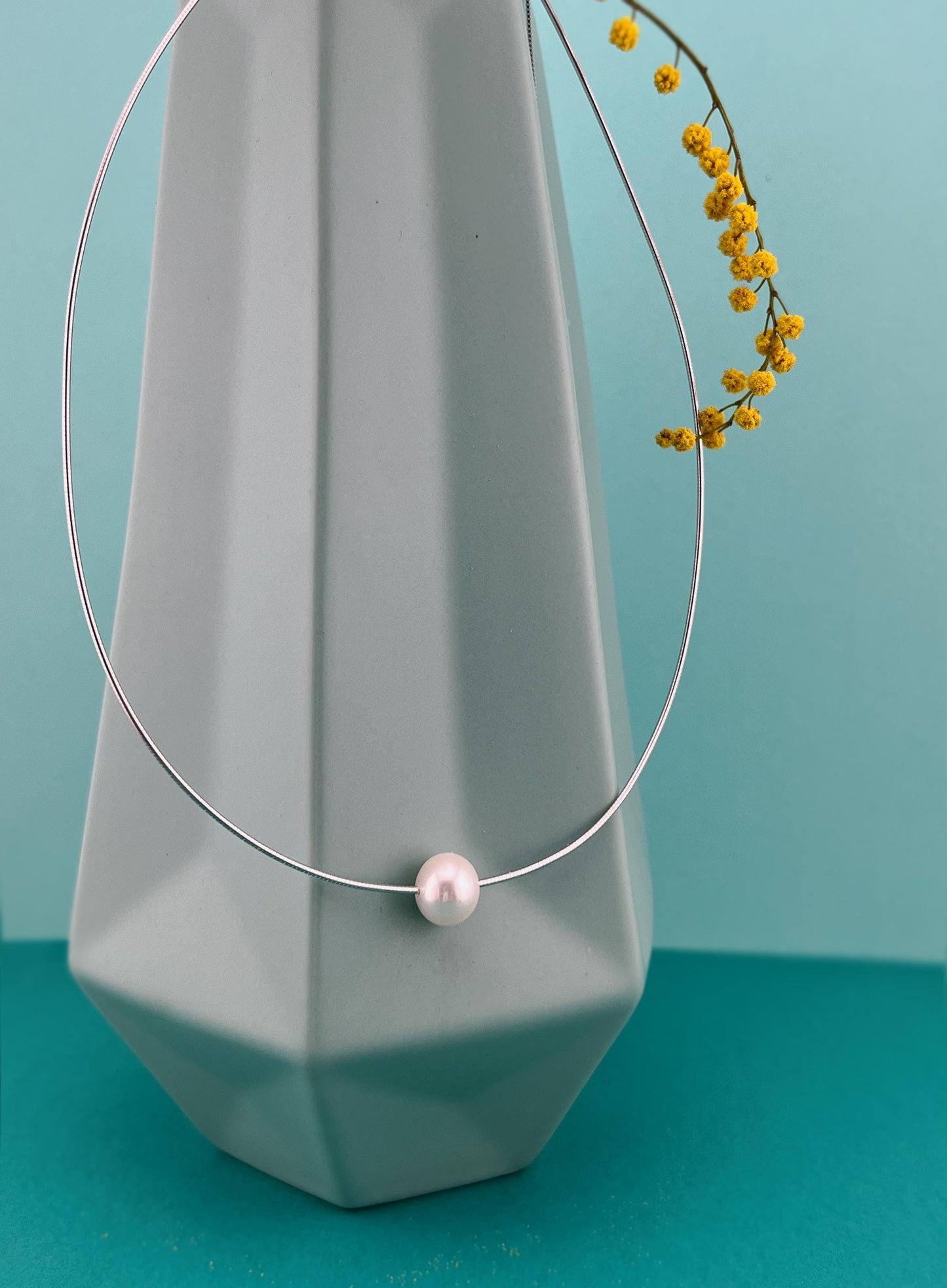 Floating Pearl Necklace: Rhodium Plated Sterling Silver Wire, Minimalist Jewelry