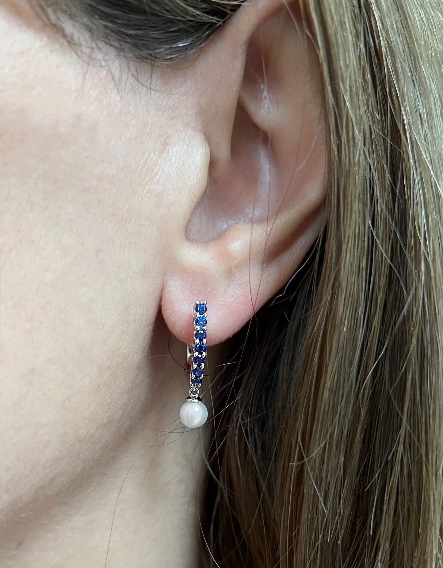 Blue Sapphire Pearl Huggie Earrings, Rhodium Sterling Silver Hoops