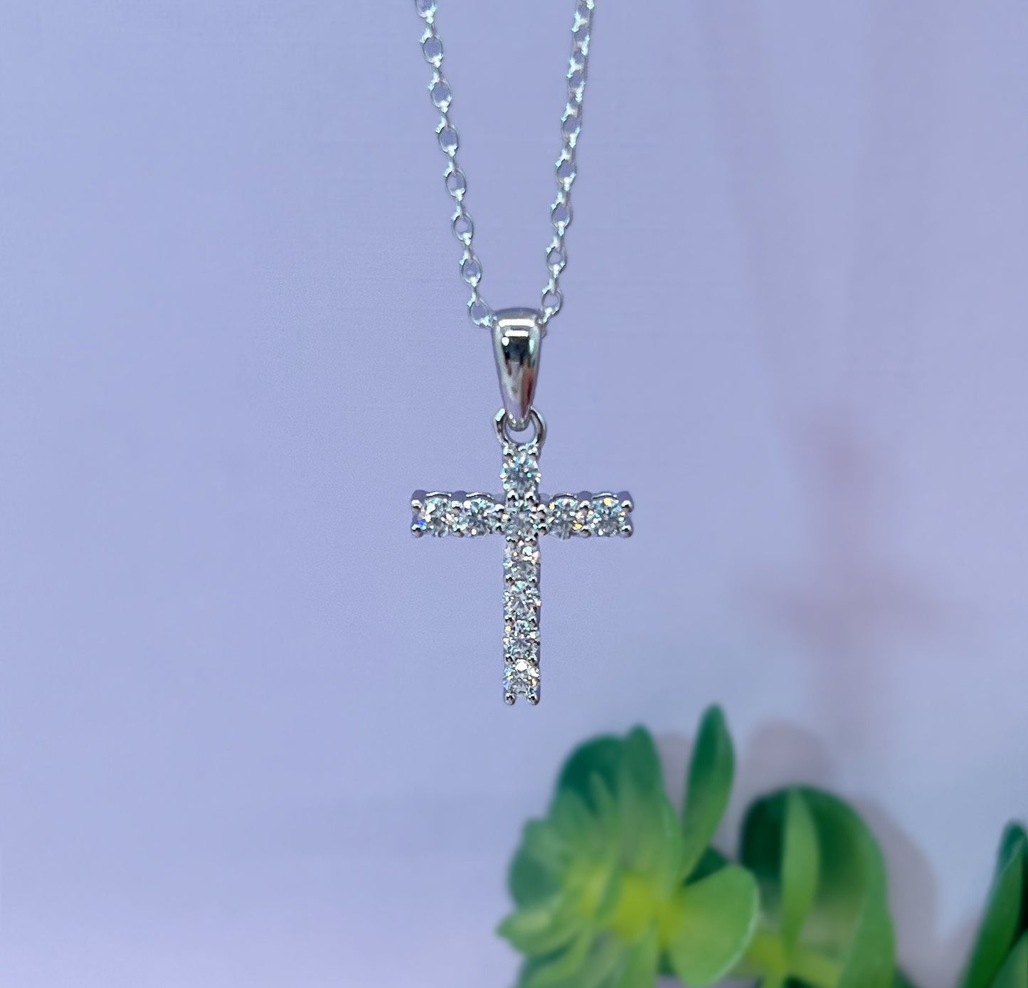VVS1 Moissanite Cross Necklace: Rhodium Plated Sterling Silver, Simulated Diamonds