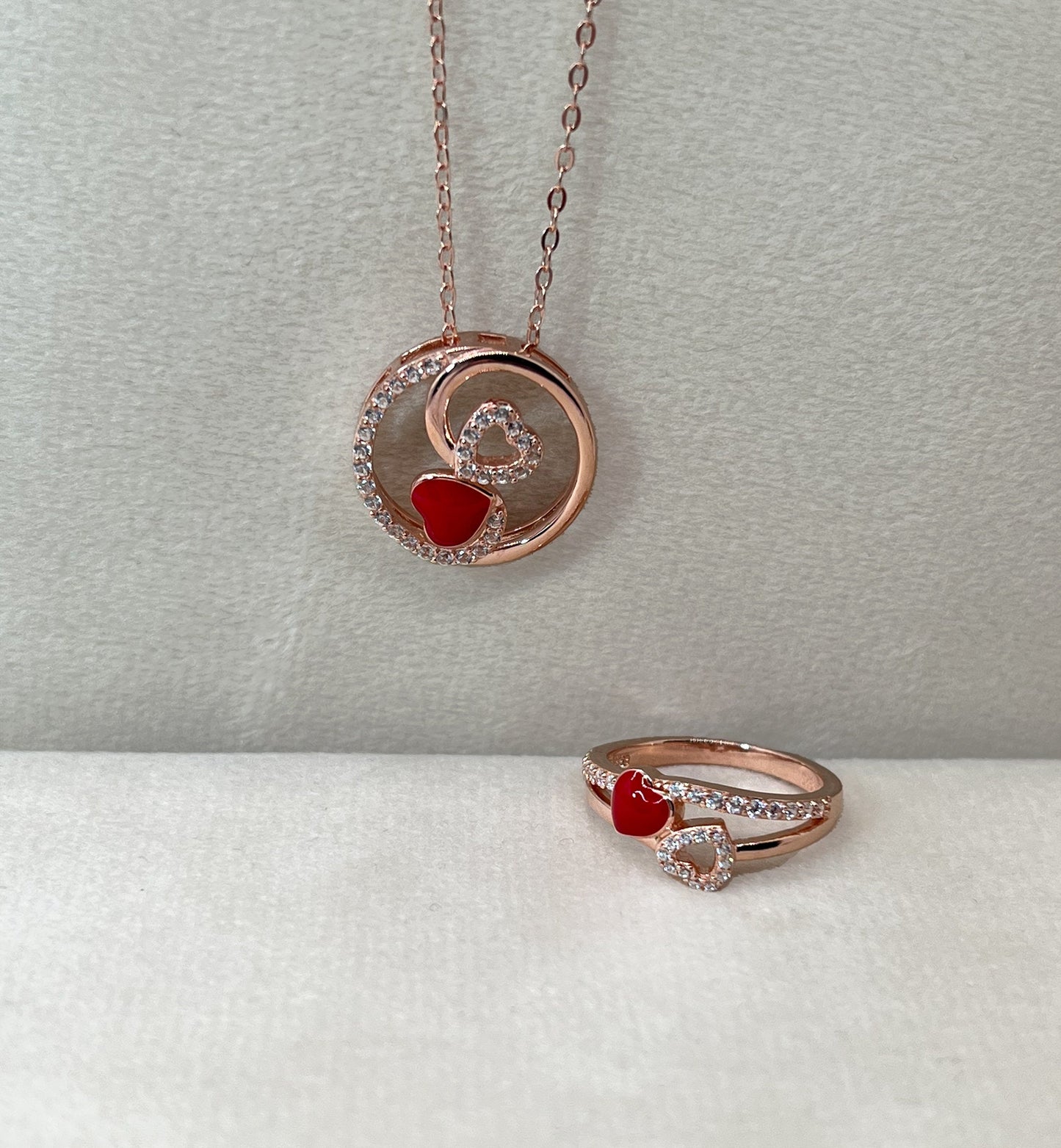 Rose Gold Double Heart Ring: Red Enamel CZ, Sterling Silver Size 7