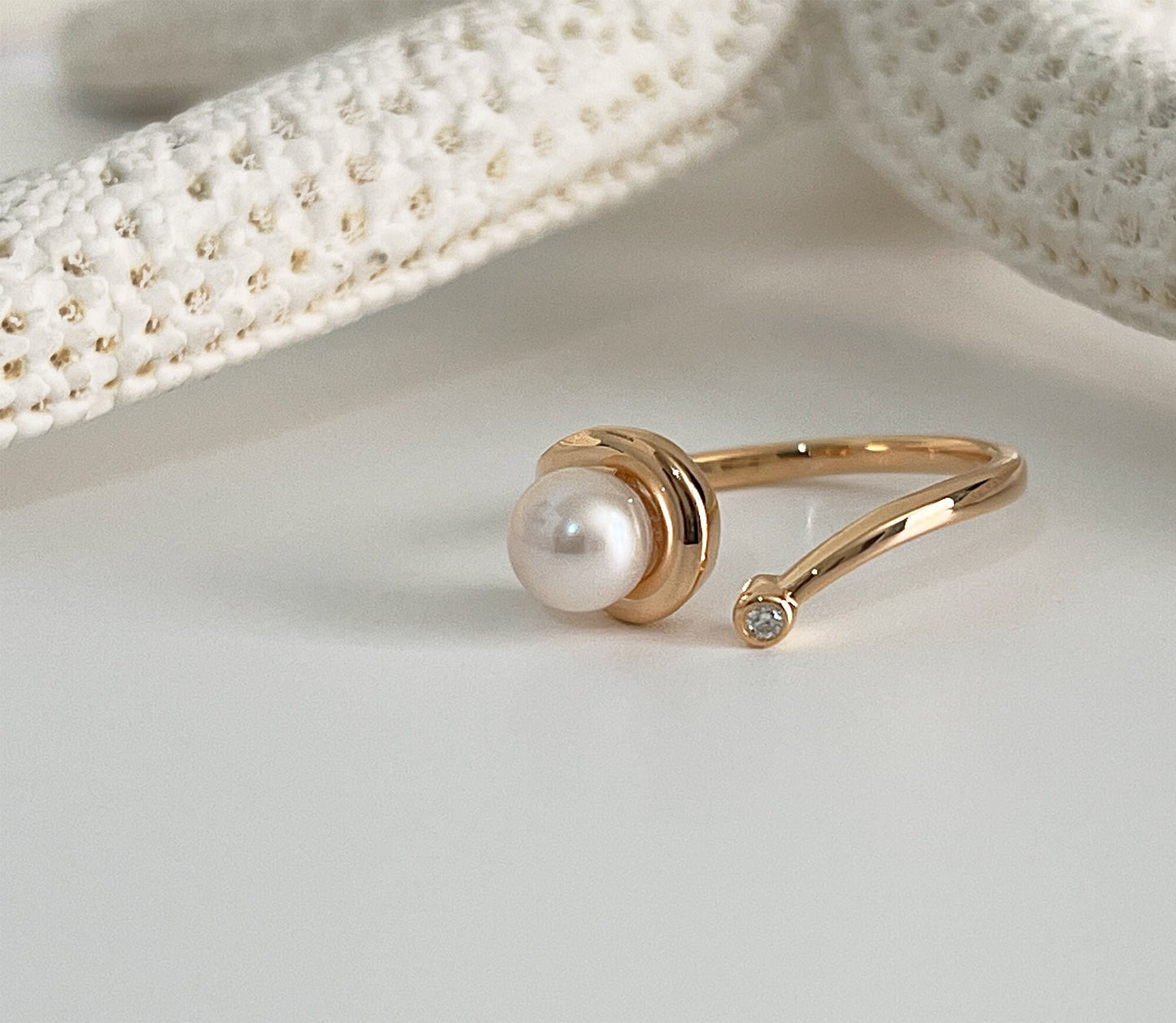 Freshwater Pearl Moissanite Bypass Ring, 14K Gold Plated Sterling Silver