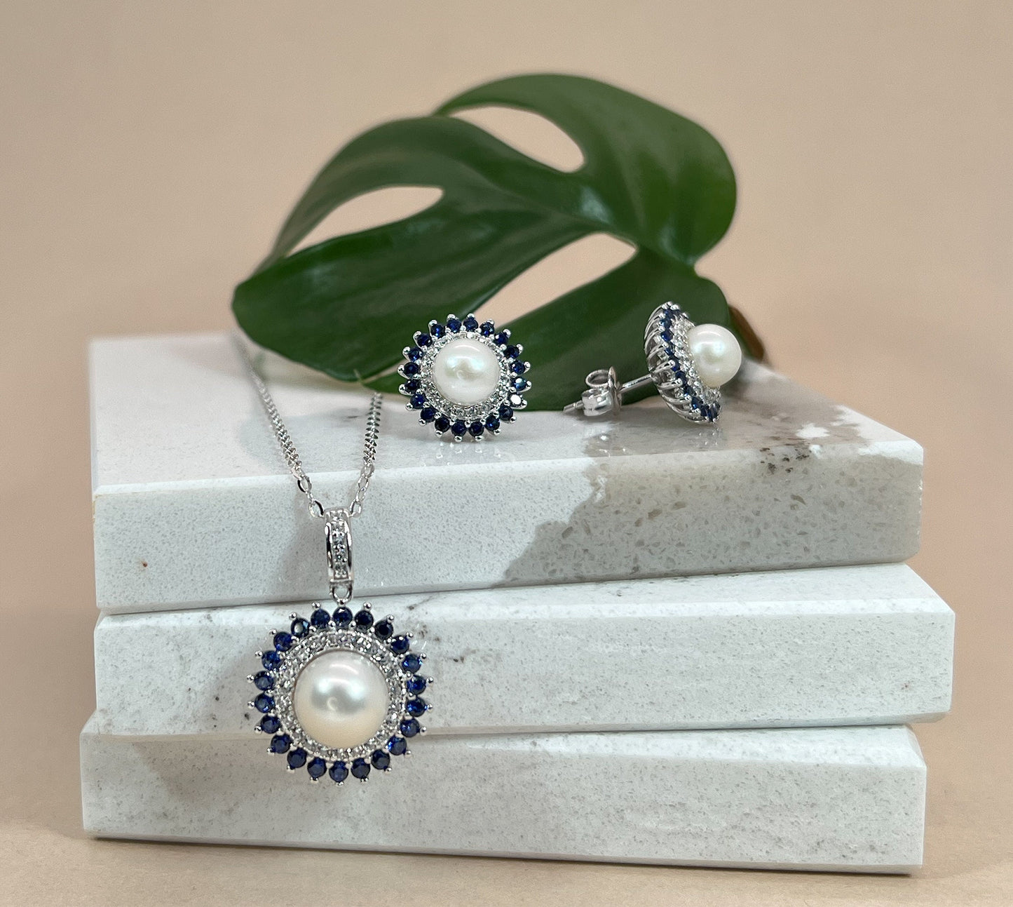 Freshwater Pearl Sapphire Halo Earrings: Rhodium-Plated Silver Studs