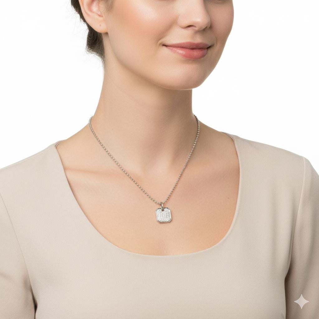 Moissanite Pavé Square Pendant Necklace: Rhodium Sterling Silver Dog Tag