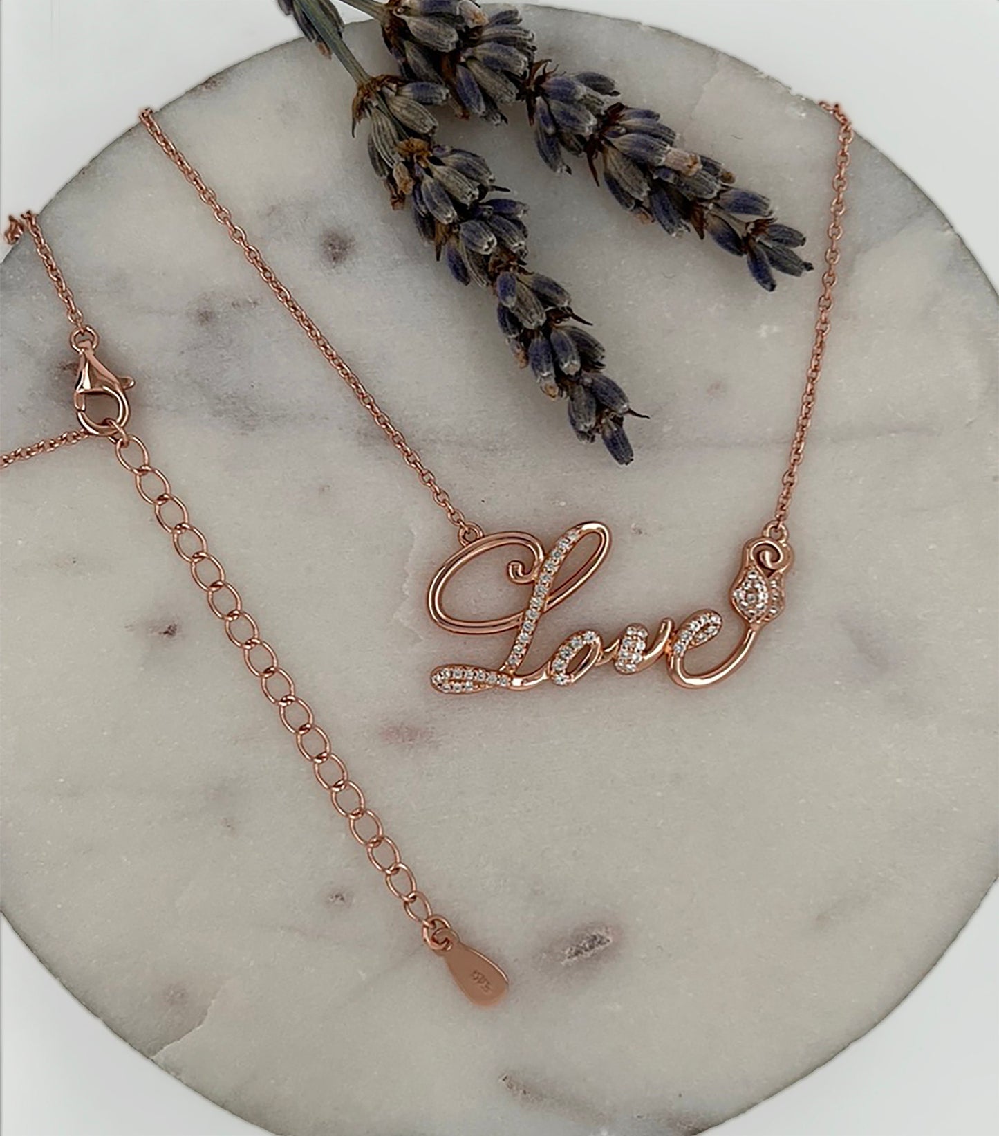 Rose Gold Love Script Necklace: White Sapphire Sterling Silver Pendant