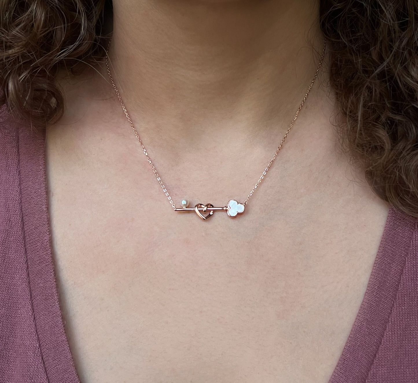 Rose Gold Heart Key Necklace: Mother of Pearl, Moissanite Accents