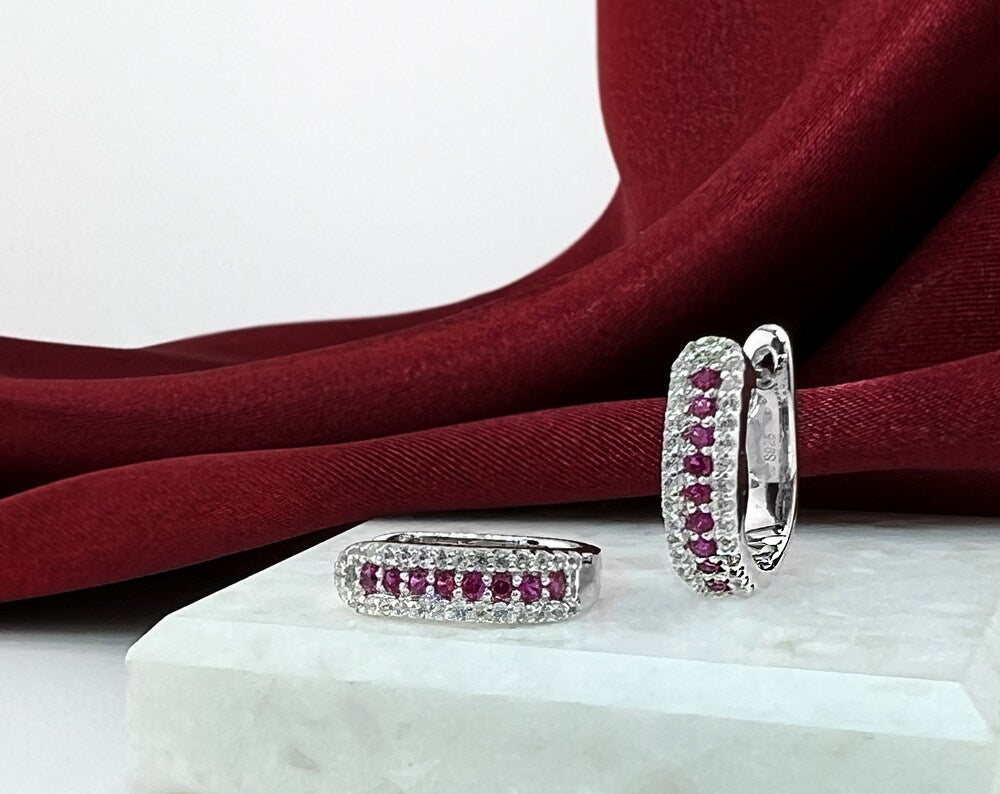 Ruby Huggie Earrings: Rhodium-Plated Sterling Silver