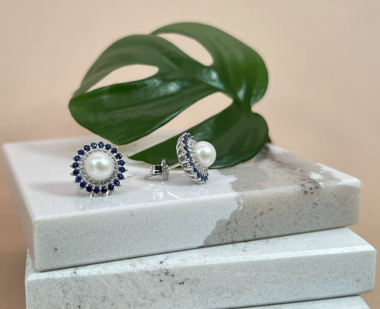 Freshwater Pearl Sapphire Halo Earrings: Rhodium-Plated Silver Studs