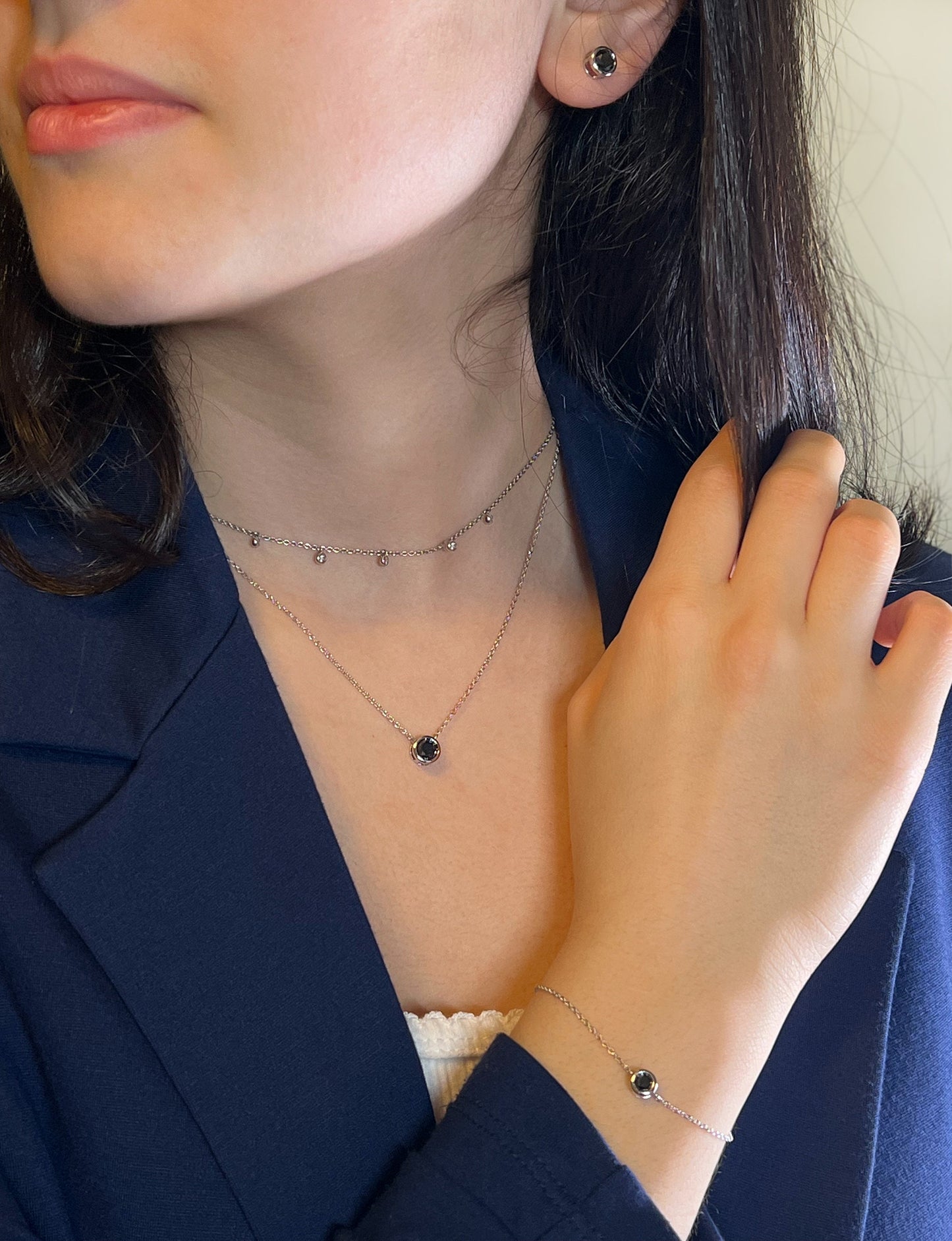 Black Diamond Solitaire Pendant Necklace or Bracelet: Sterling Silver Bezel Set