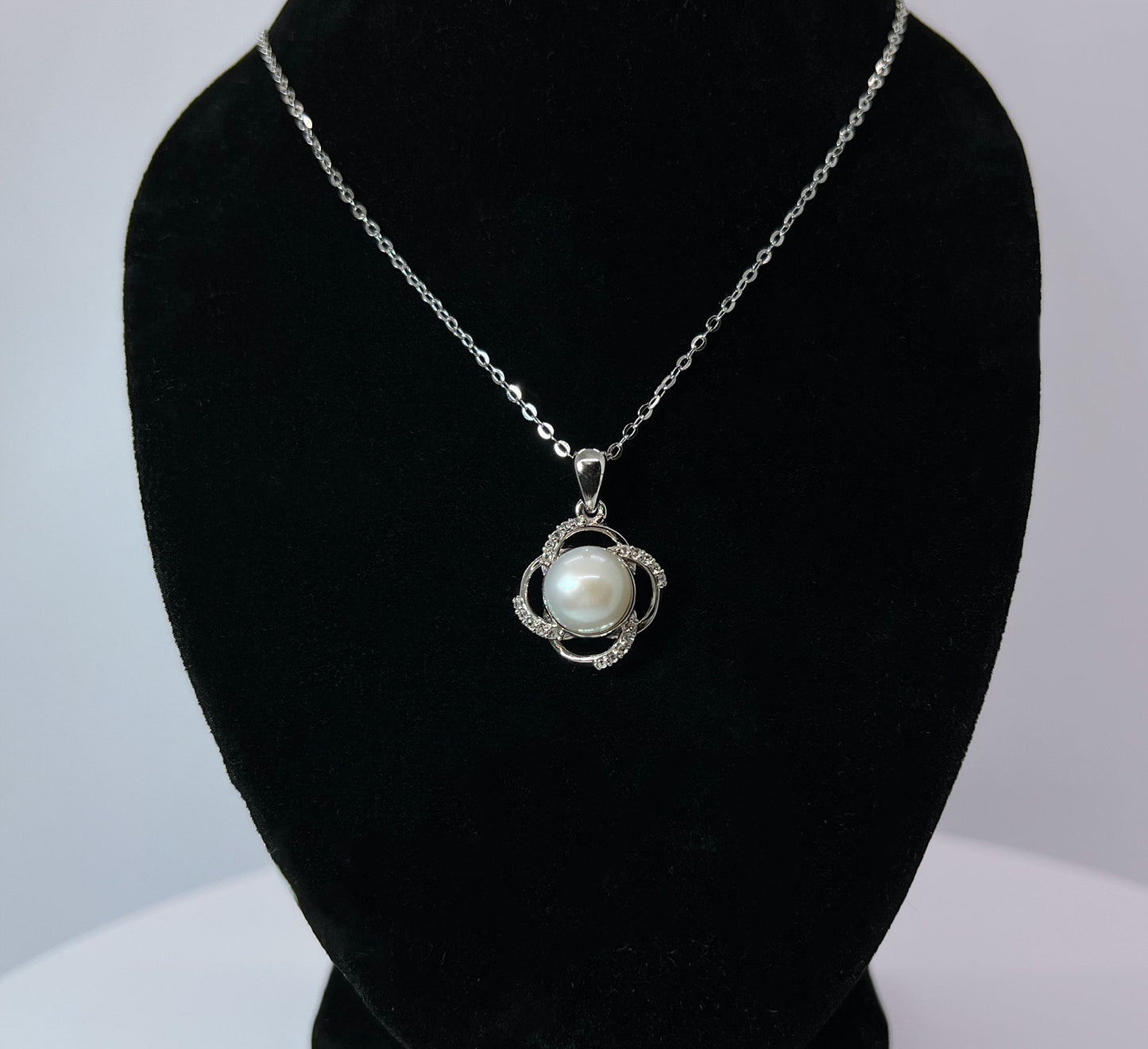 Moissanite Freshwater Pearl Necklace: Sterling Silver Floral Pendant