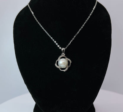 Moissanite Freshwater Pearl Necklace: Sterling Silver Floral Pendant