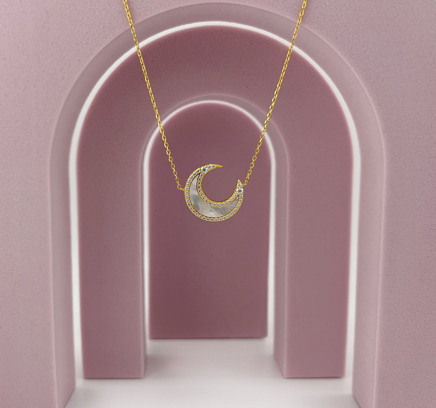Moissanite Crescent Moon Necklace: 14K Gold Plated Sterling Silver, Mother-of-Pearl Pendant