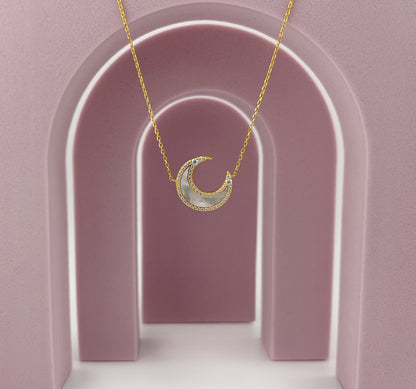 Moissanite Crescent Moon Necklace: 14K Gold Plated Sterling Silver, Mother-of-Pearl Pendant