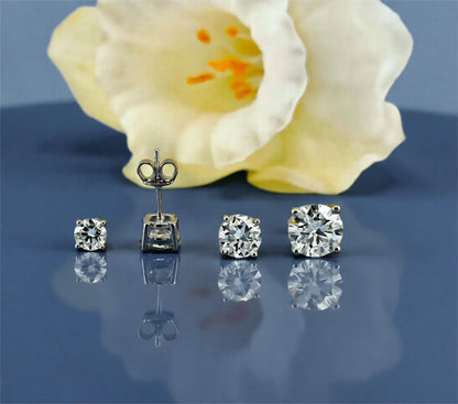 Certified Moissanite Stud Earrings – Unisex Round Solitaire Earrings in Rhodium Plated Sterling Silver, Diamond Alternative 4-Prong Studs
