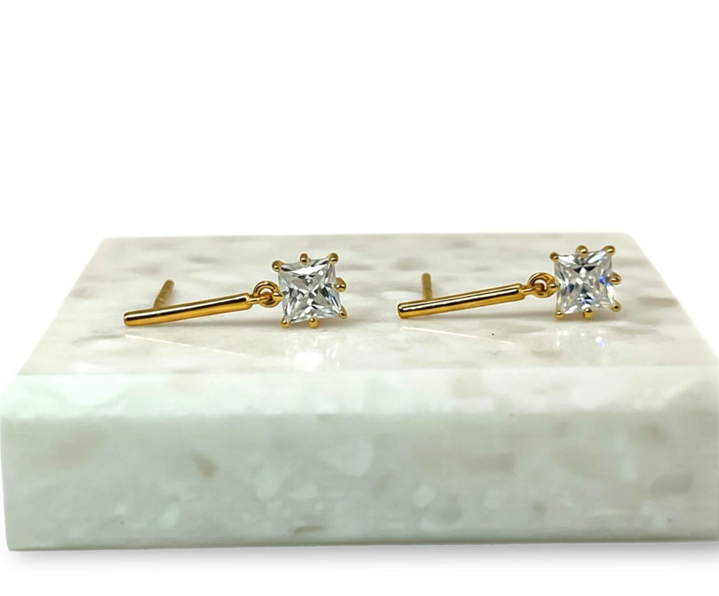 Moissanite Bar Stud Earrings: 1Ct Princess Cut, 14K Gold Plated Silver