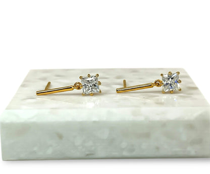Moissanite Bar Stud Earrings: 1Ct Princess Cut, 14K Gold Plated Silver