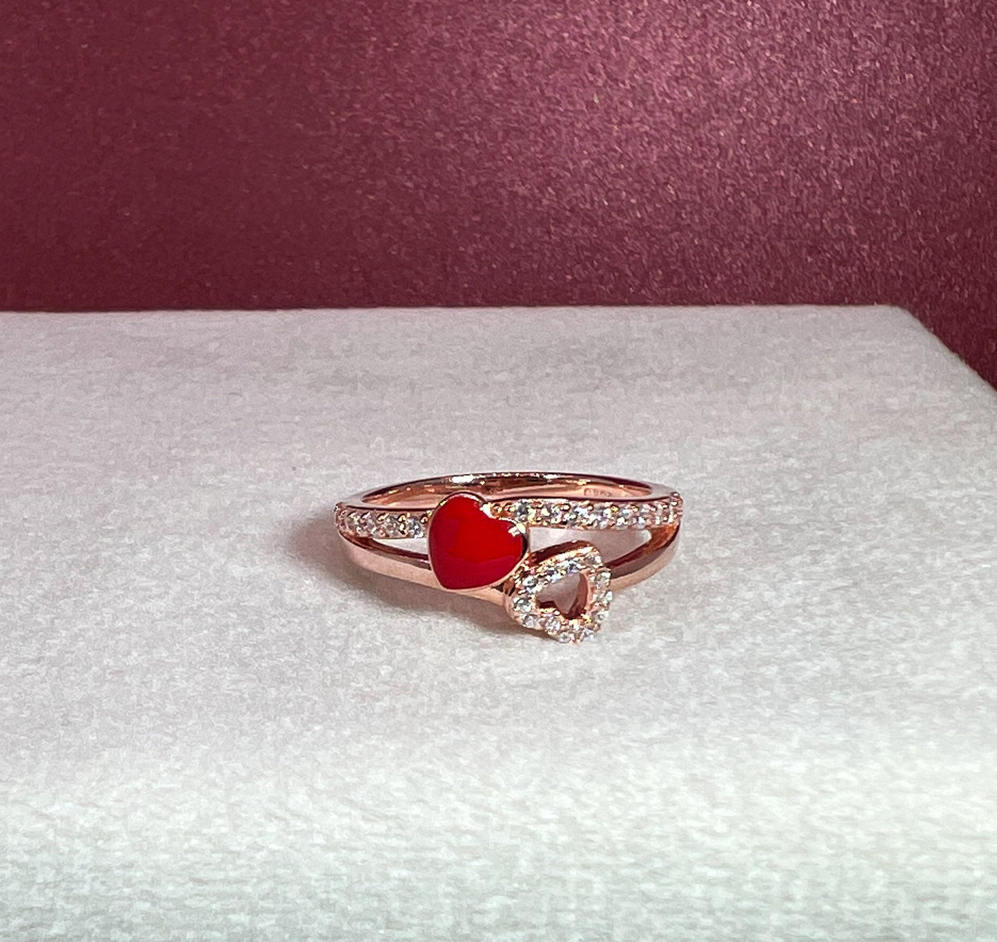 Rose Gold Double Heart Ring: Red Enamel CZ, Sterling Silver Size 7
