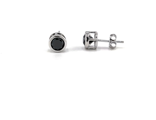 Black Diamond Stud Earrings: .925 Sterling Silver Bezel Solitaire