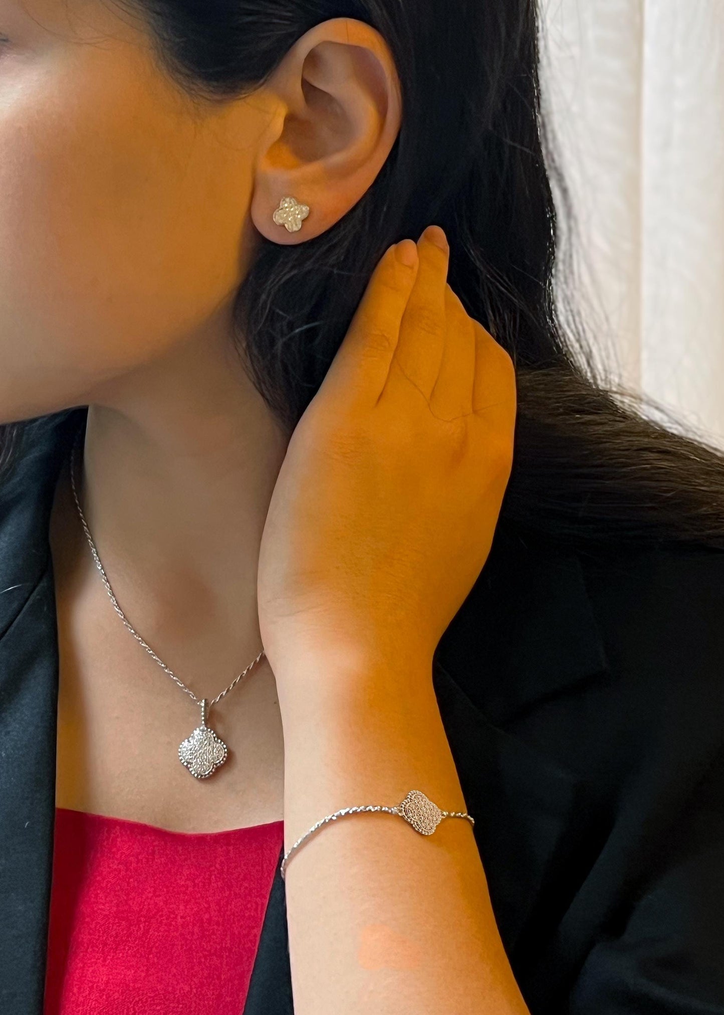 Moissanite Clover Stud Earrings: Rhodium Plated Sterling Silver Floral Earstuds