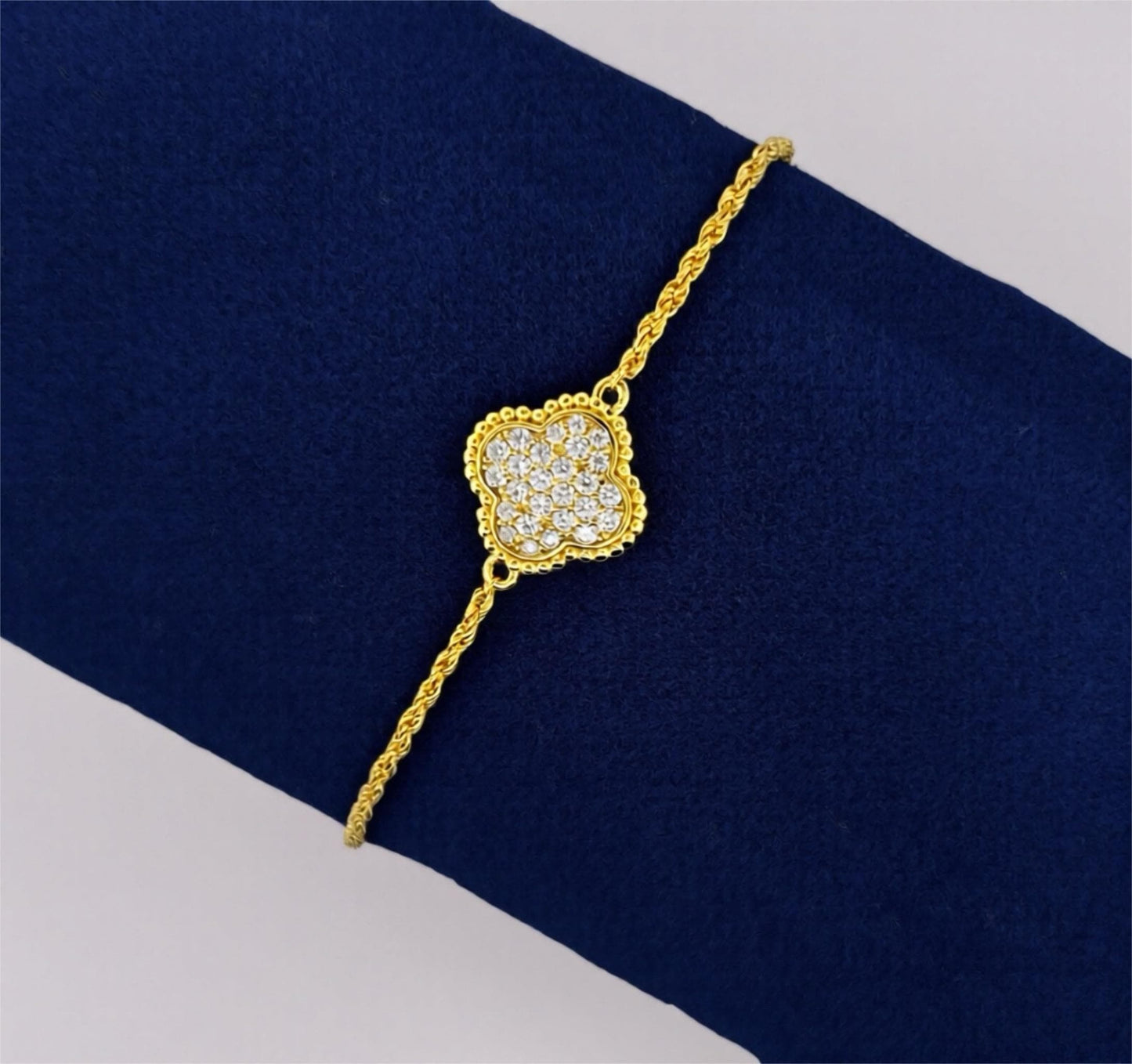 Moissanite Four Leaf Clover Bracelet, 18K Gold-Plated or Rhodium Plated Sterling Silver Lucky Charm, Adjustable Pavé Bracelet, Gift for Her