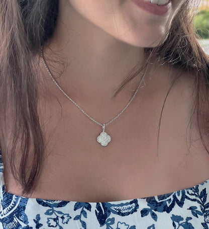 Moissanite Four-Leaf Clover Necklace: Rhodium Plated Sterling Silver Pendant