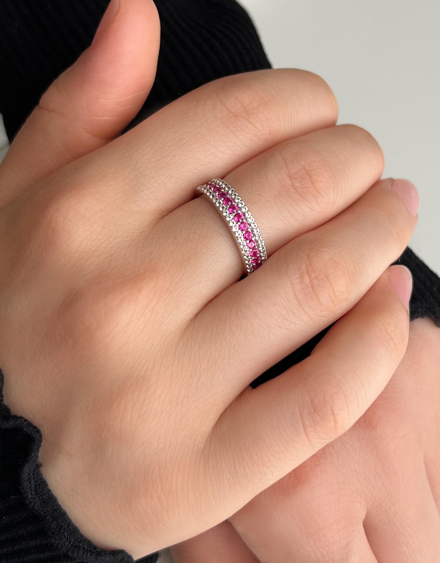 Rhodium-Plated Sterling Silver Ruby Ring: Half Eternity Stackable Band