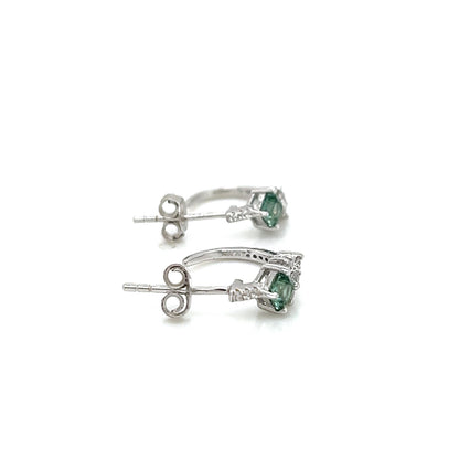 Green & White Sapphire Hoop Earrings: Sterling Silver Flower J Hoops