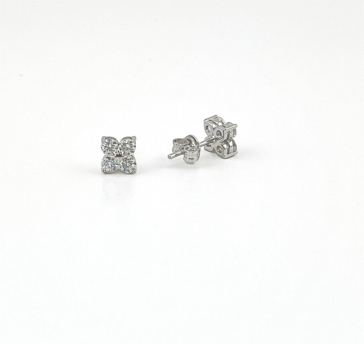 Moissanite Clover Stud Earrings: Rhodium Sterling Silver