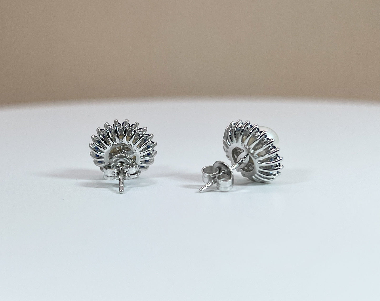 Freshwater Pearl Sapphire Halo Earrings: Rhodium-Plated Silver Studs