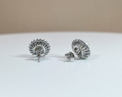 Freshwater Pearl Sapphire Halo Earrings: Rhodium-Plated Silver Studs