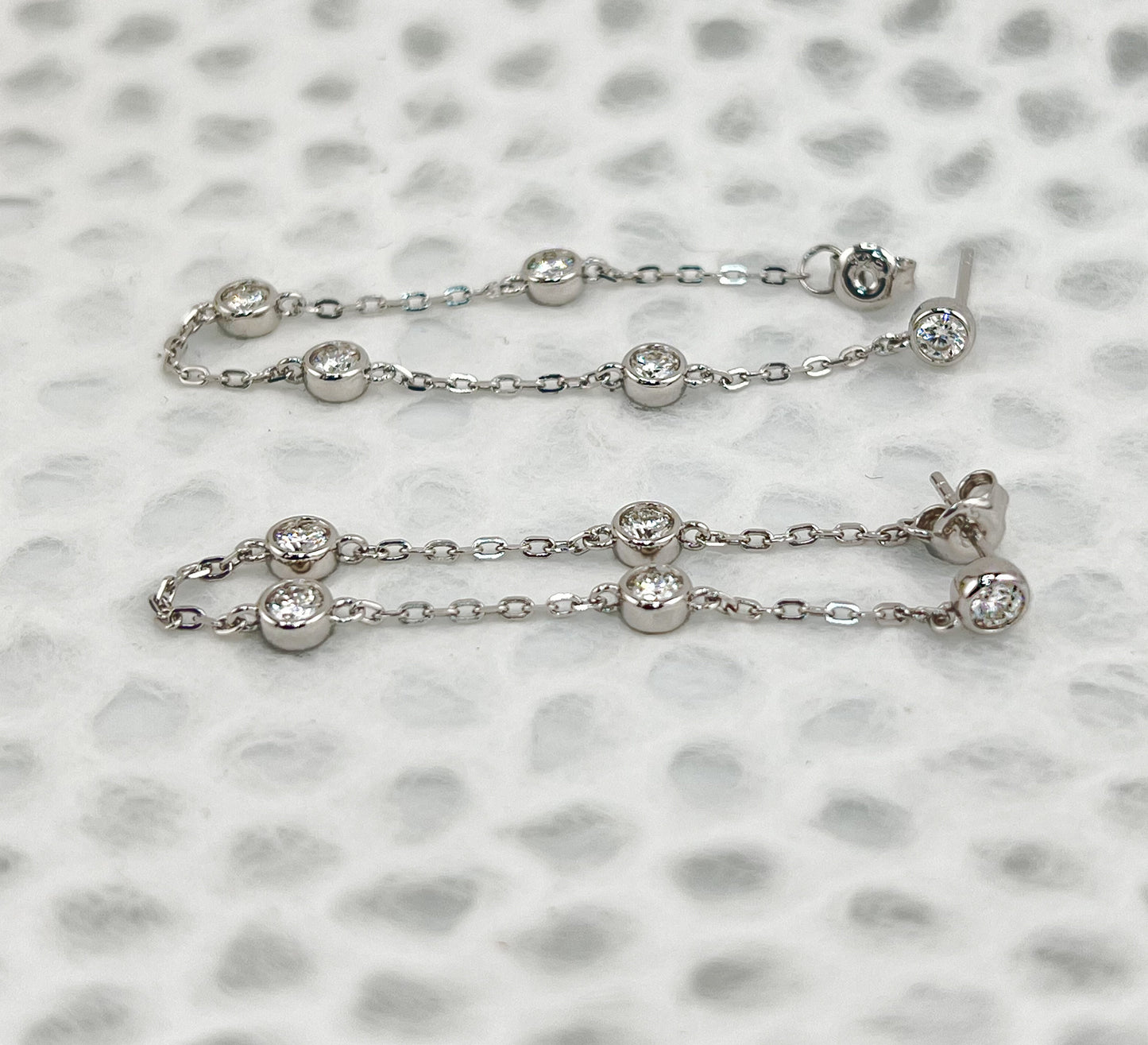 Moissanite Threader Earrings: Rhodium Plated Sterling Silver Chain Drop Earrings