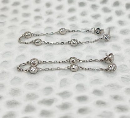 Moissanite Threader Earrings: Rhodium Plated Sterling Silver Chain Drop Earrings
