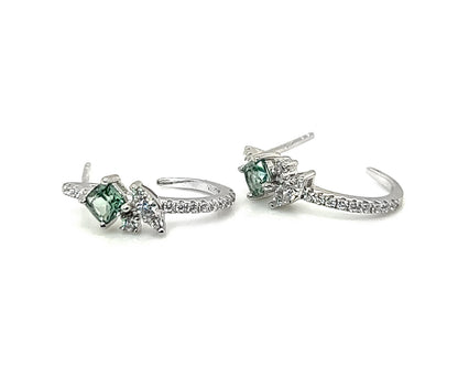 Green & White Sapphire Hoop Earrings: Sterling Silver Flower J Hoops