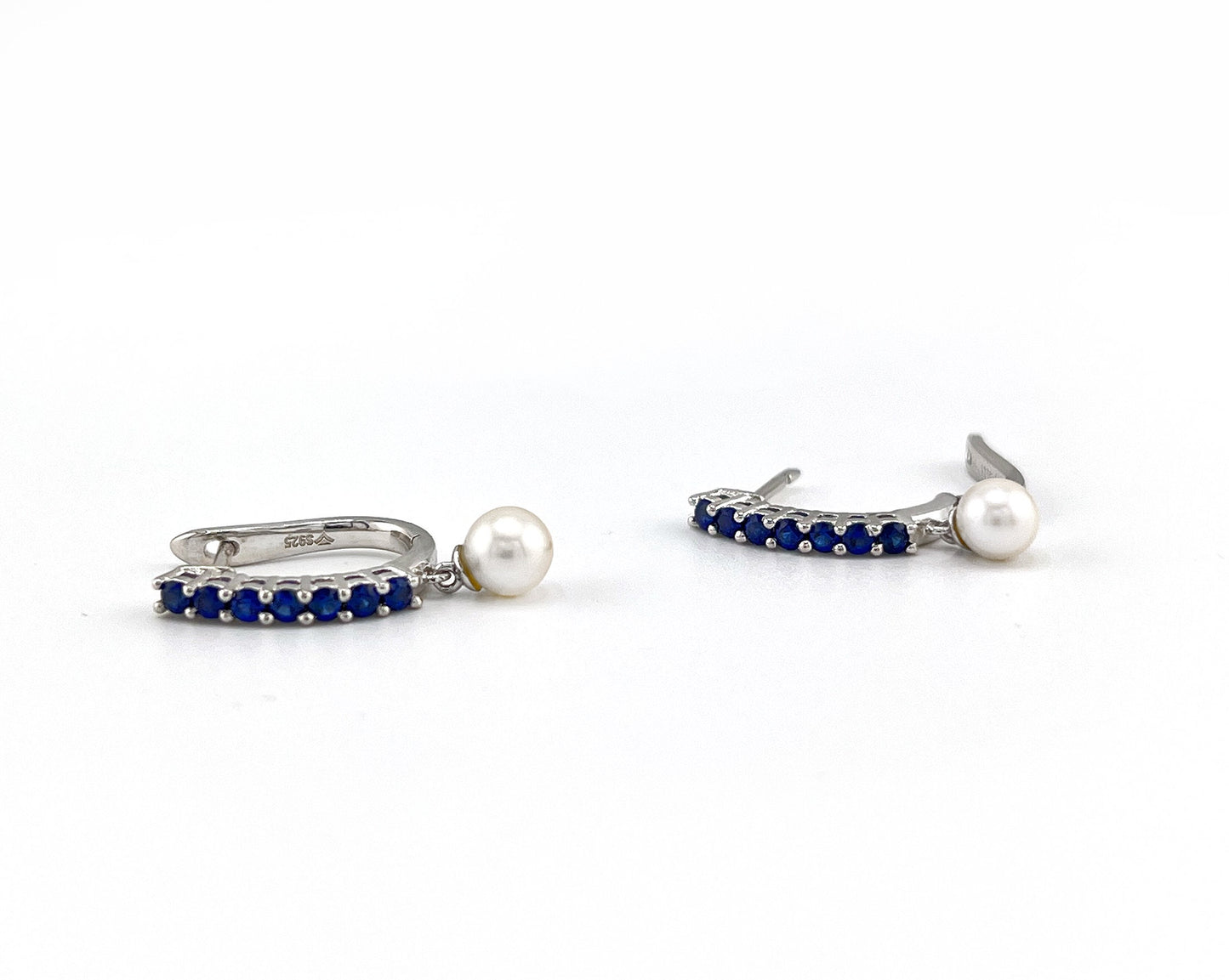 Blue Sapphire Pearl Huggie Earrings, Rhodium Sterling Silver Hoops