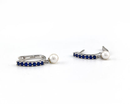 Blue Sapphire Pearl Huggie Earrings, Rhodium Sterling Silver Hoops