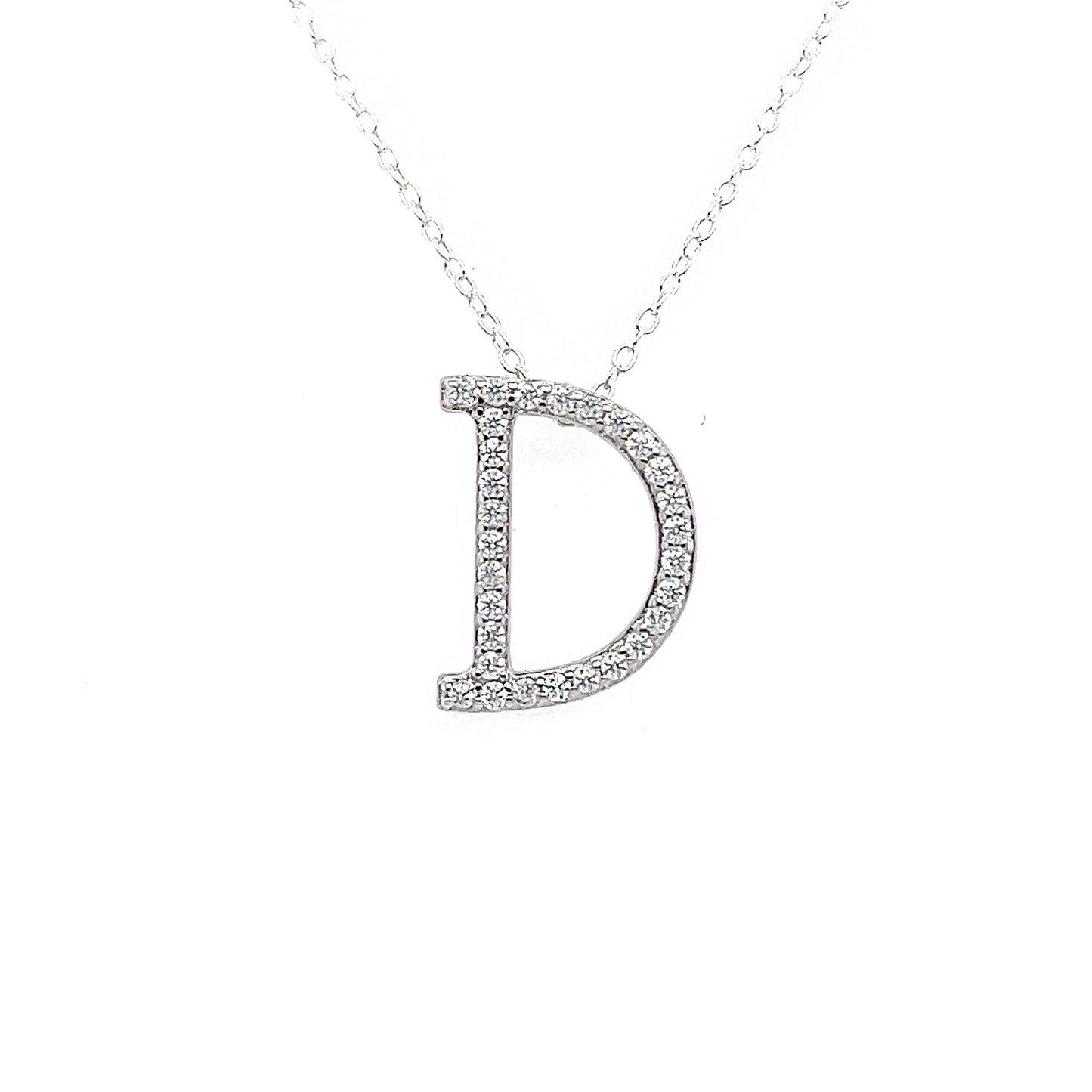 Moissanite Initial Necklace: Rhodium Plated Sterling Silver Letter Pendant