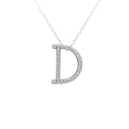 Moissanite Initial Necklace: Rhodium Plated Sterling Silver Letter Pendant