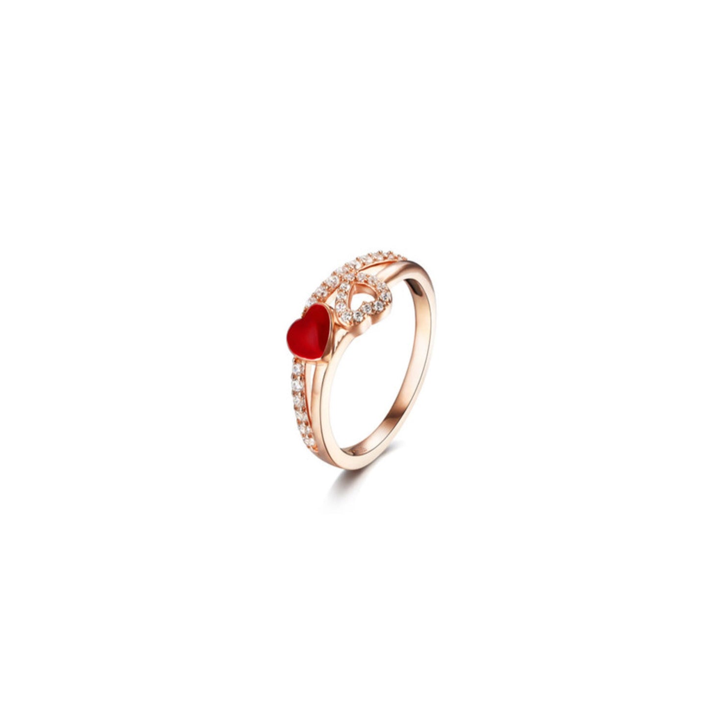 Rose Gold Double Heart Ring: Red Enamel CZ, Sterling Silver Size 7