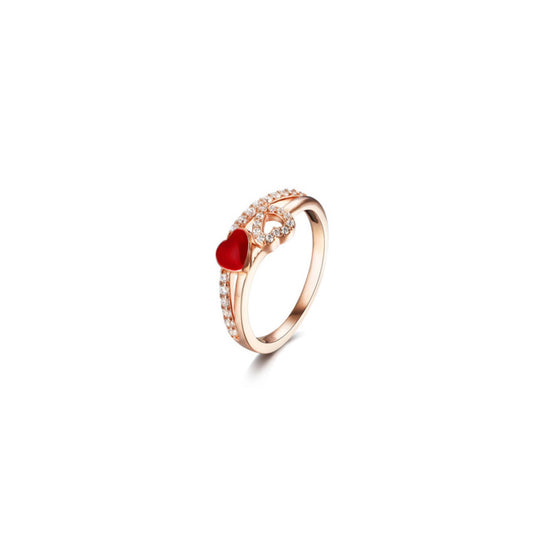 Rose Gold Double Heart Ring: Red Enamel CZ, Sterling Silver Size 7