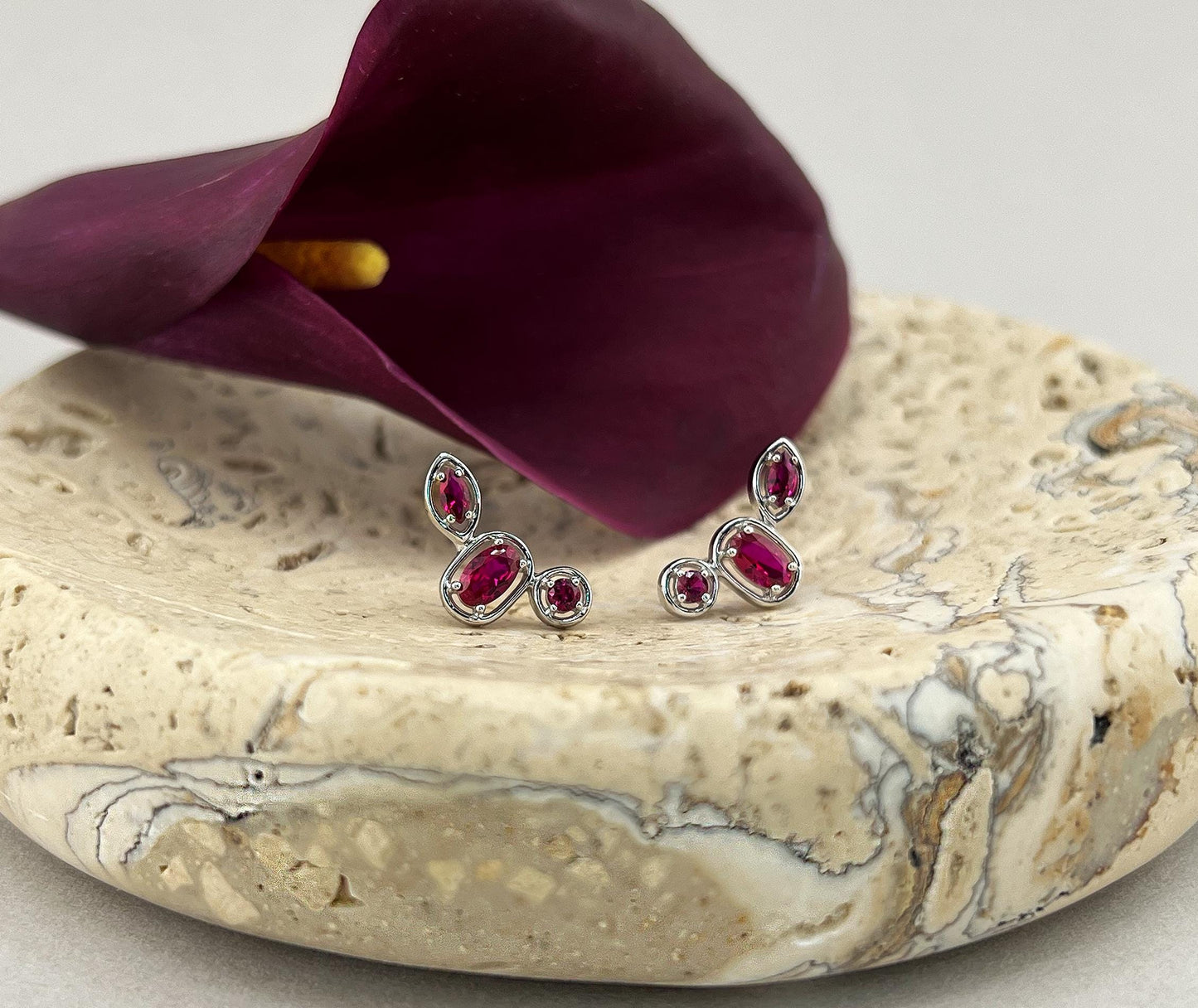 Ruby Ear Climber Stud Earrings: Rhodium Plated Sterling Silver